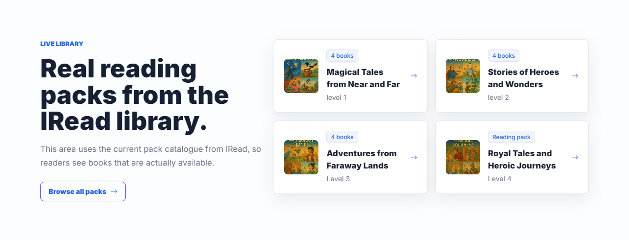 Real screenshot of packs currently live in the iRead library